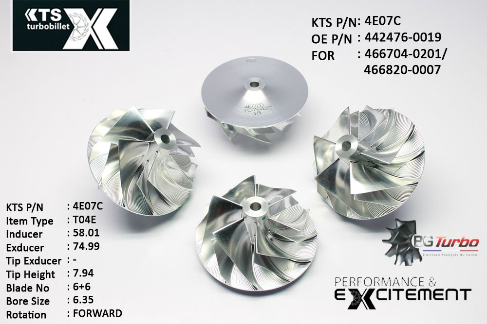 Turbo ROUE FORGÉE MFS PERFORMANCE - 6+6 PALES - INDUCER : 58,01 - EXDUCER : 74,99 - TYPE : T04EANGLE : 50° - ROTATION : Forward - SUPER BACK : 4,96 - BORE SIZE : 6,35
